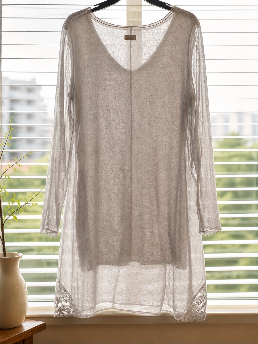 Anthropologie Braez Sheer Lightweight Dress Lace Hem, Airy Gauze, Soft Gray. Med - Picture 3 of 9